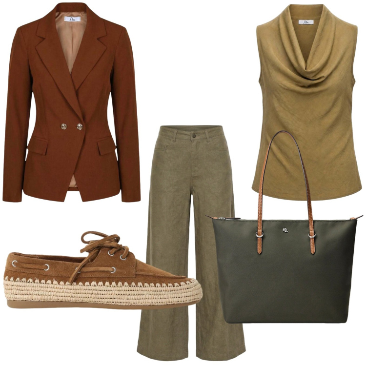 Outfit donna - Stile quotidiano. Stile Basic per Tutti i giorni. Abbinamento con pantaloni a palazzo, canottiere, blazer, scarpe stringate, borse tote.