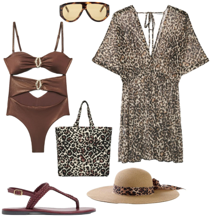Outfit donna - Casual chic al mare. Stile Casual chic per Mare. Abbinamento con cappelli, ciabatte, costumi interi, shopping bag, caftani, occhiali da sole.