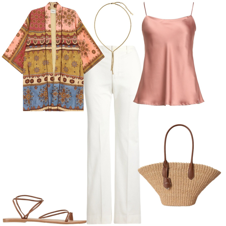 Outfit donna - Casual chic al mare. Stile Casual chic per Mare. Abbinamento con top, ciabatte, kimono, pantaloni, collane, borse tote.