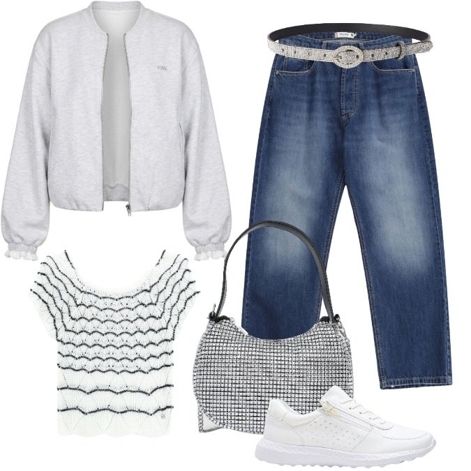 Outfit donna - Il tocco chic anni 2000 che fa Goal!. Stile Casual chic per Tutti i giorni. Abbinamento con sneakers, borse a spalla, cinture, jeans dritti, canottiere, felpe.