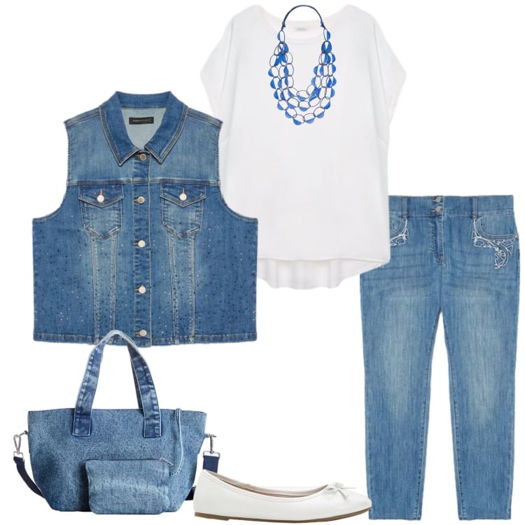 Outfit donna - Fiorella Rubino. Stile Casual chic per Tutti i giorni. Abbinamento con borse a mano, ballerine, bluse, jeans skinny, collane, gilet.