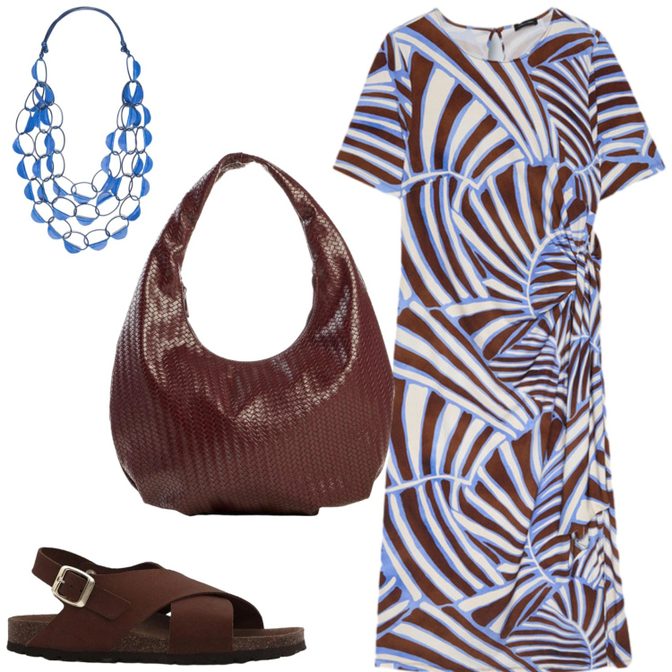 Outfit donna - Abito leggero. Stile Casual chic per Tutti i giorni. Abbinamento con borse a mano, sandali in pelle, vestiti asimmetrici, collane.