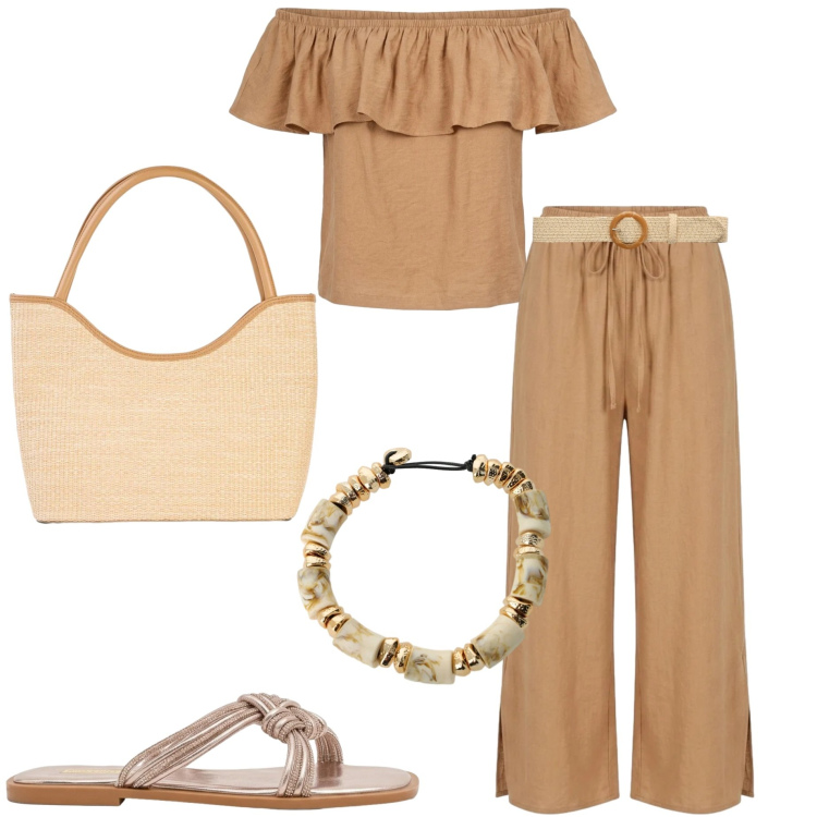 Outfit donna - Agosto in città. Stile Casual chic per Tutti i giorni. Abbinamento con shopping bag, cinture, braccialetti, sandali, pantaloni, top.