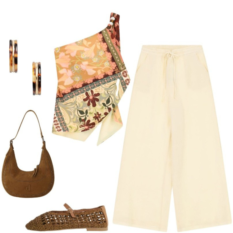 Outfit donna - Leggerezza e stile nella quotidianità. Stile Trendy per Tutti i giorni. Abbinamento con top, borse a spalla, ballerine, pantaloni a palazzo, orecchini.