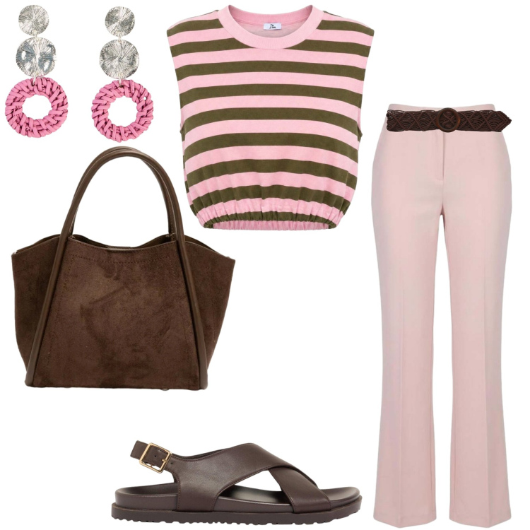 Outfit donna - In città ad agosto. Stile Casual chic per Ufficio. Abbinamento con orecchini, sandali in pelle, cinture, top, pantaloni, borse a spalla.