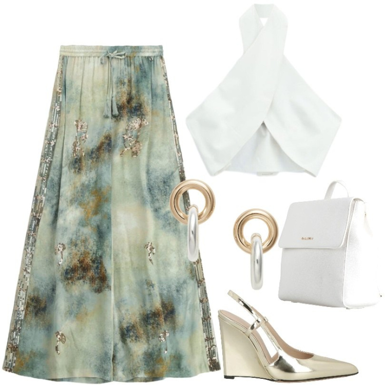 Outfit donna - Cattura subito l’attenzione. Stile Trendy per Tutti i giorni. Abbinamento con décolleté, zaini, pantaloni a palazzo, top, orecchini.