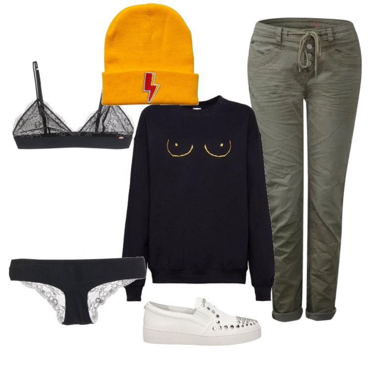 Outfit donna - Verde militare. Stile Urban per Scuola/Università. Abbinamento con lingerie, slip, jeans slim fit sport verde, felpa glitter girocollo nero e oro, cappello lavorato a maglia arancione e rosso e giallo.