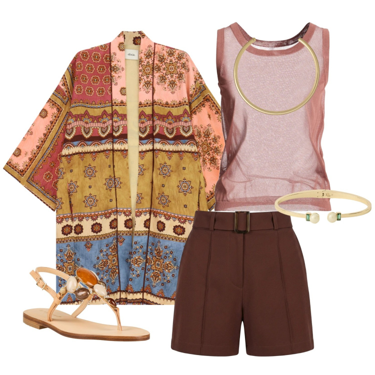 Outfit donna - Oro e patchwork. Stile Boho per Serata fuori. Abbinamento con top, infradito, trench, shorts, collane, braccialetti.