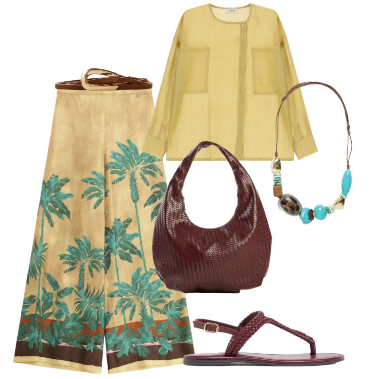 Outfit donna - Colori tropicali - @star67. Stile Trendy per Tutti i giorni. Abbinamento con borse a spalla, ciabatte, cinture, pantaloni a palazzo, camicie, collane.