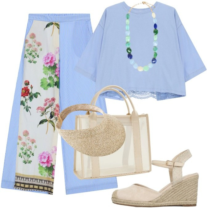 Outfit donna - Perfetta in ufficio e in vacanza. Stile Casual chic per Tutti i giorni. Abbinamento con cappelli con visiera, zeppe, borse tote, pantaloni a palazzo, top, collane.