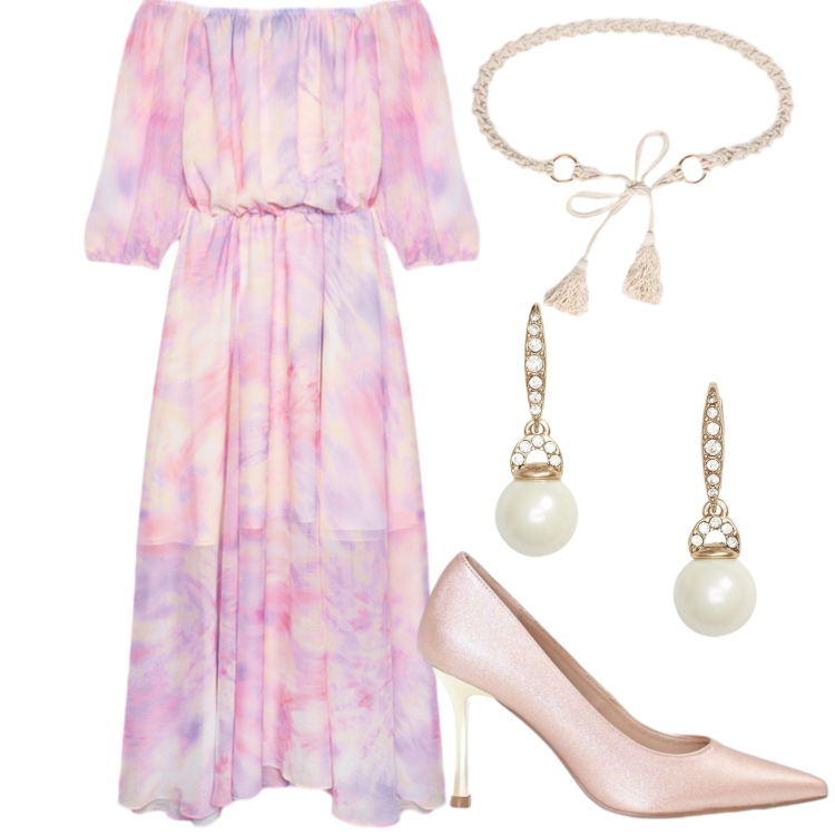 Outfit donna - Chic. Stile Chic per Serata fuori. Abbinamento con décolleté, cinture, vestiti lunghi, orecchini.