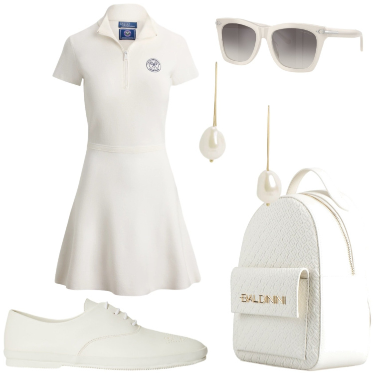 Outfit donna - Stile tennis. Stile Trendy per Tutti i giorni. Abbinamento con zaini, occhiali da sole, orecchini, sneakers, vestiti.