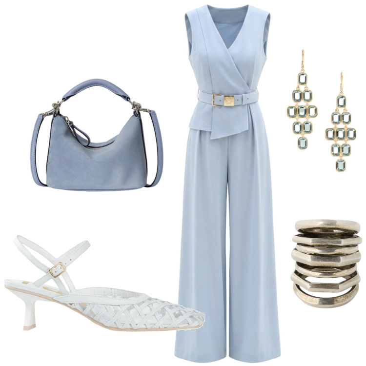 Outfit donna - Sempre elegante. Stile Chic per Serata fuori. Abbinamento con décolleté, tute, anelli, borse a spalla, orecchini.