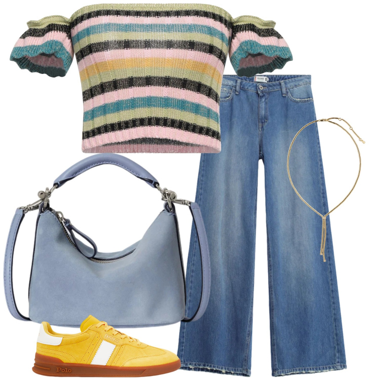 Outfit donna - Total look #2448146. Stile Casual chic per Tutti i giorni. Abbinamento con top, jeans, sneakers, borse a spalla, collane.