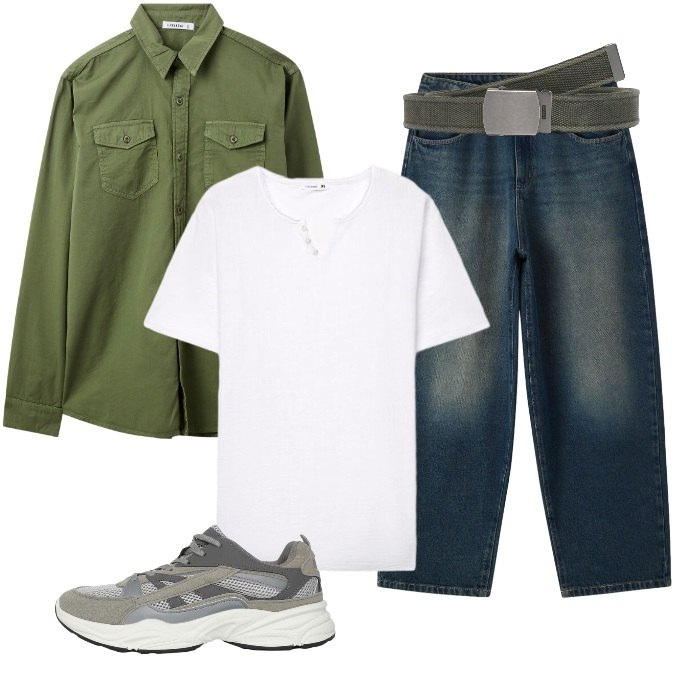 Outfit uomo - Total look #2448147. Stile Urban per Tutti i giorni. Abbinamento con jeans, camicie, sneakers, t-shirt, cinture.