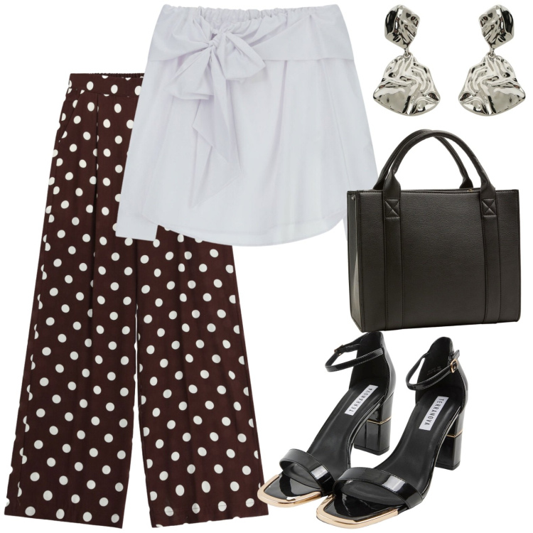 Outfit donna - Aperitivo. Stile Casual chic per Serata fuori. Abbinamento con borse tote, sabot, top, orecchini, pantaloni a palazzo.