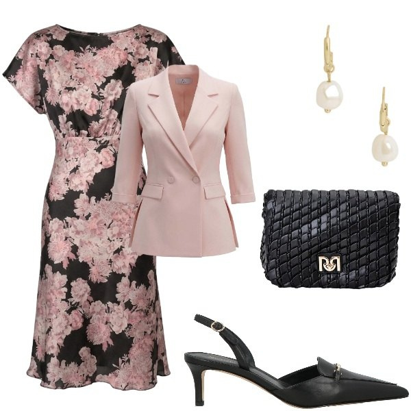 Outfit donna - Compleanno in villa. Stile Chic per Serata fuori. Abbinamento con décolleté, blazer, borse a tracolla, vestiti midi/longuette, orecchini.