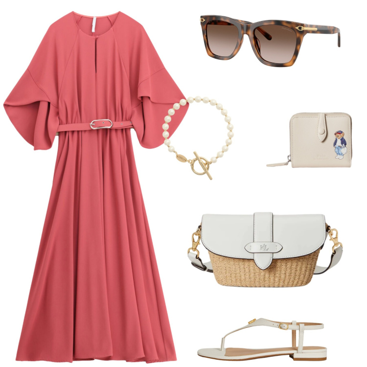 Outfit donna - Total look #2448151. Stile Glamour per Tutti i giorni. Abbinamento con vestiti lunghi, borse a spalla, occhiali da sole, sandali in pelle, portafogli, braccialetti.