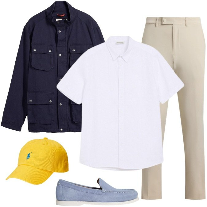 Outfit uomo - Tempo libero raffinato: contrasti Preppy. Stile Casual per Tutti i giorni. Abbinamento con giacche, camicie a manica corta, pantaloni, scarpe stringate, cappelli con visiera.