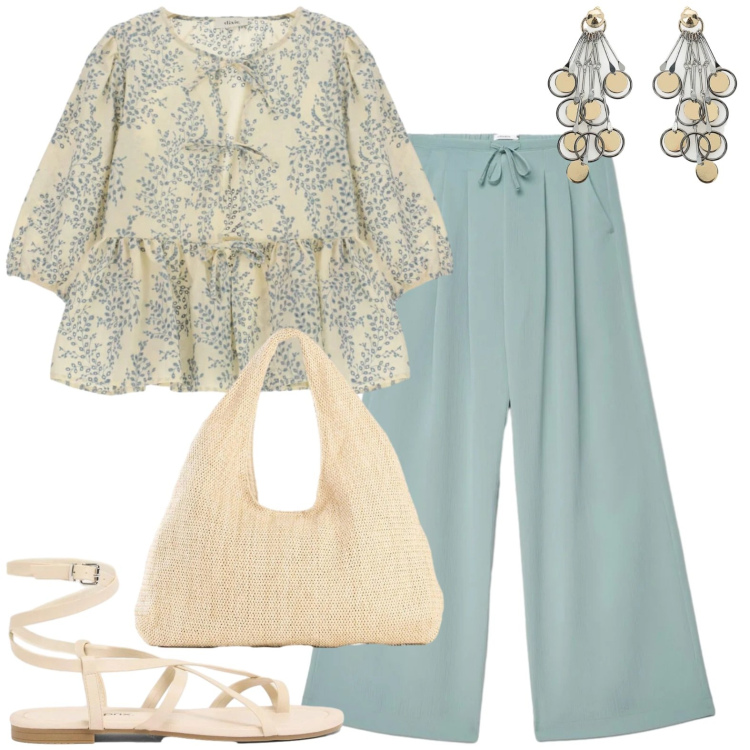 Outfit donna - Con le amiche. Stile Casual chic per Tutti i giorni. Abbinamento con shopping bag, sandali, pantaloni, bluse, orecchini.