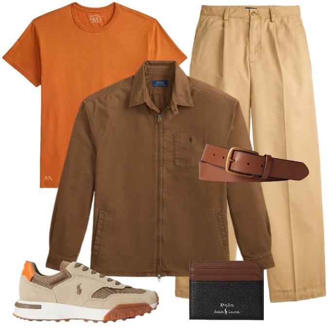 Outfit uomo - Tonalità terra-Armonia Cromatica. Stile Urban per Tutti i giorni. Abbinamento con cinture, pantaloni, t-shirt, sneakers, portafogli, cappotti.