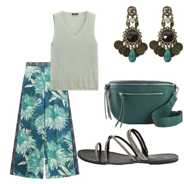 Outfit donna - E siamo in Agosto....... Stile Casual per Tutti i giorni. Abbinamento con marsupi, sandali, top, pantaloni a palazzo, orecchini.