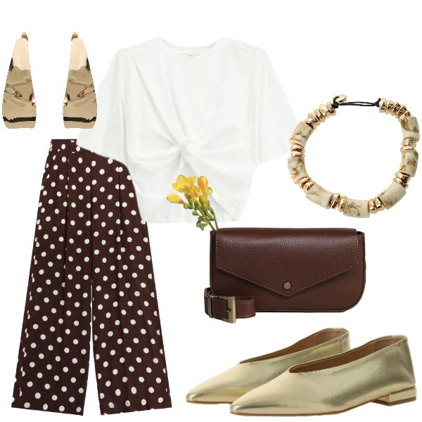 Outfit donna - Serata tra amici. Stile Casual chic per Serata fuori. Abbinamento con pantaloni a palazzo, ballerine, orecchini, borse a tracolla, t-shirt, braccialetti.