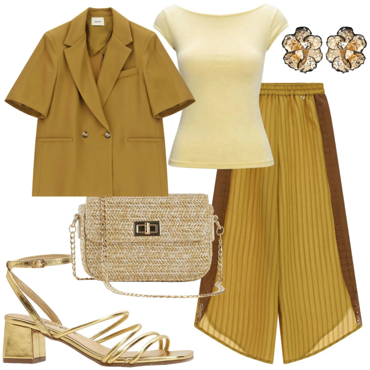 Outfit donna - Serata all\'aperto. Stile Casual chic per Serata fuori. Abbinamento con borse a tracolla, sandali col tacco, top, blazer, pantaloni a palazzo, orecchini.