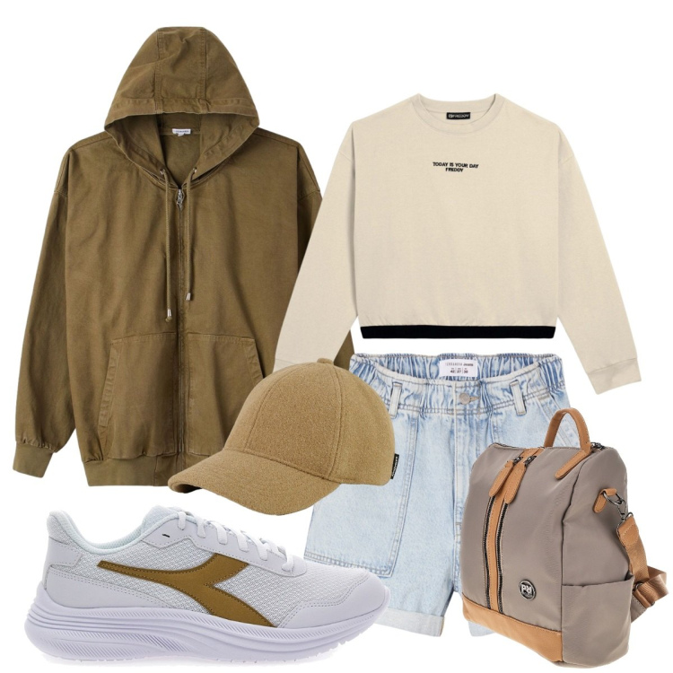 Outfit donna - Total look #2448175. Stile Basic per Tutti i giorni. Abbinamento con shorts, blazer, felpe, cappelli con visiera, scarpe sportive, zaini.