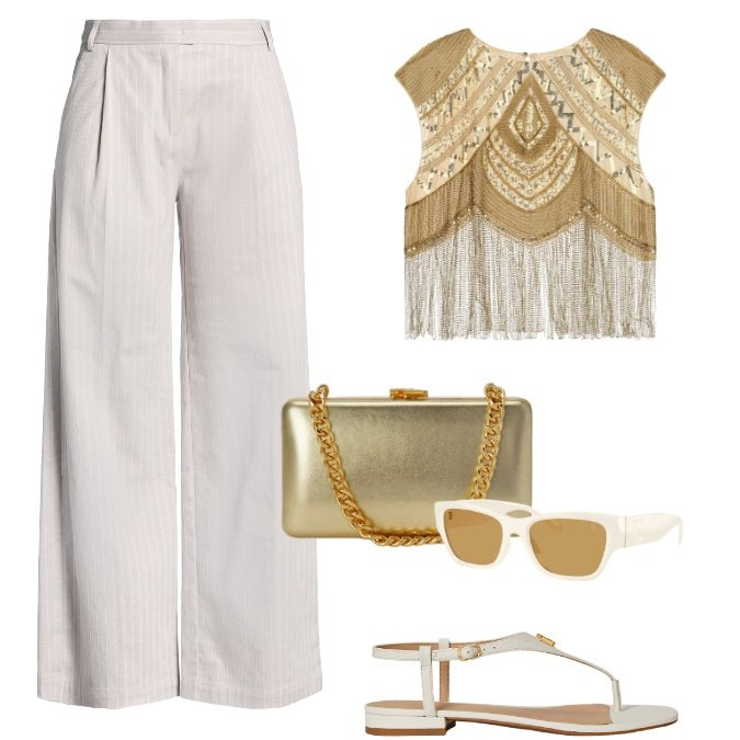 Outfit donna - Serate / Eventi estivi. Stile Boho per Cerimonia. Abbinamento con pantaloni, top, sandali in pelle, occhiali da sole, clutch.