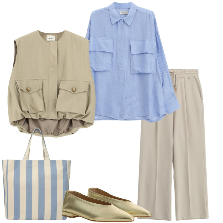 Outfit donna - Acquisti in saldo per settembre. Stile Casual chic per Ufficio. Abbinamento con shopping bag, gilet, ballerine, camicie, pantaloni.