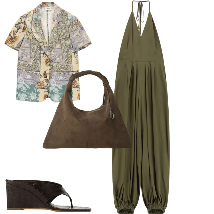 Outfit donna - La tuta dixie. Stile Casual chic per Tutti i giorni. Abbinamento con tute, borse a spalla, sandali col tacco, cappotti.