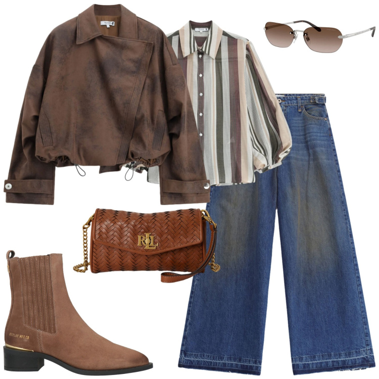 Outfit donna - Anticipi d\'autunno. Stile Casual chic per Tutti i giorni. Abbinamento con stivaletti chelsea, camicie, jeans, bomber, portafogli, occhiali da sole.