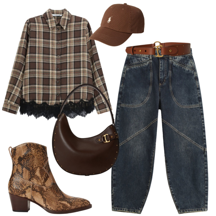 Outfit donna - City. Stile Casual per Tutti i giorni. Abbinamento con camicie, jeans, cappelli, stivaletti, cinture, borse a spalla.