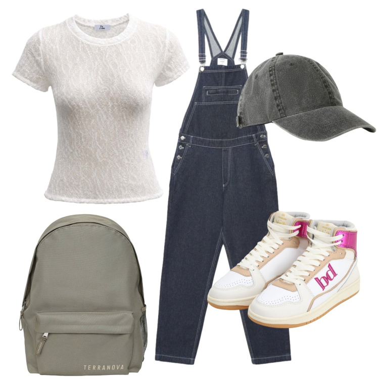 Outfit donna - Total look #2448186. Stile Casual per Scuola/Università. Abbinamento con cappelli con visiera, salopette, zaini, top, sneakers alte.