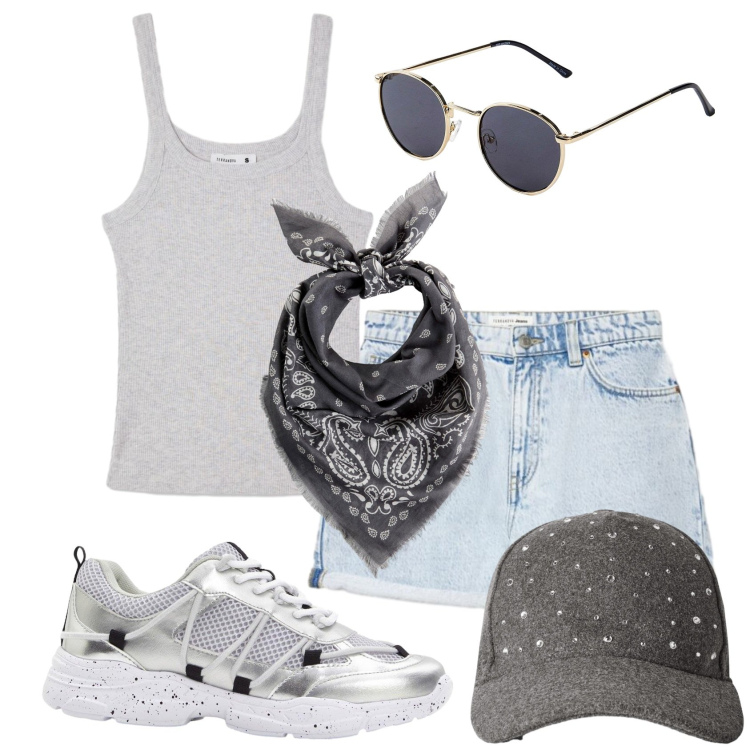 Outfit donna - Total look #2448188. Stile Sporty chic per Tutti i giorni. Abbinamento con occhiali da sole, sneakers, foulard, cappelli con visiera, shorts, canottiere.