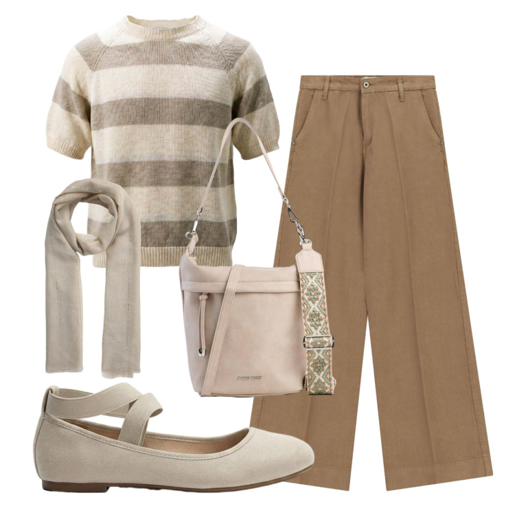 Outfit donna - Total look #2448192. Stile Casual chic per Ufficio. Abbinamento con borse a tracolla, ballerine, sciarpe, maglieria, pantaloni a palazzo.