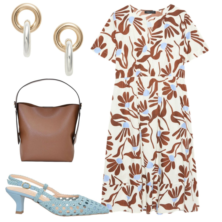 Outfit donna - Al lavoro. Stile Casual per Ufficio. Abbinamento con décolleté, borse a mano, vestiti lunghi, orecchini.
