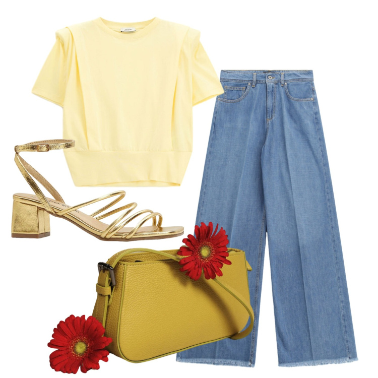 Outfit donna - Total look #2448198. Stile Casual per Tutti i giorni. Abbinamento con sandali col tacco, borse a spalla, jeans, t-shirt.