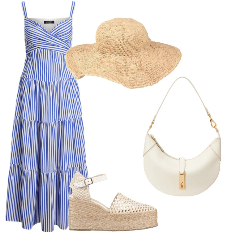 Outfit donna - Agosto in città. Stile 70s per Mare. Abbinamento con cappelli, espadrillas, borse a spalla, vestiti midi/longuette.