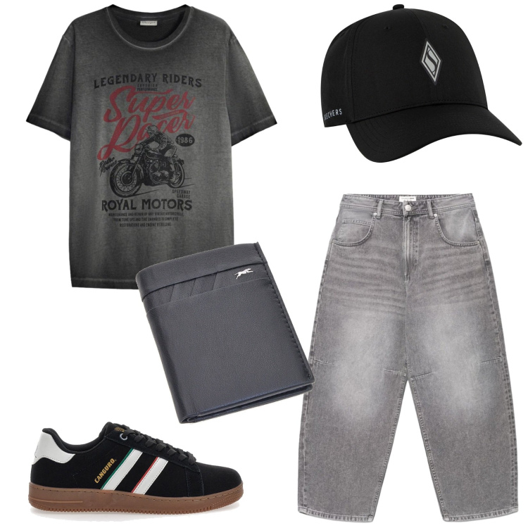 Outfit uomo - Total look #2448202. Stile Urban per Tutti i giorni. Abbinamento con t-shirt, jeans, cappelli con visiera, portafogli, sneakers.