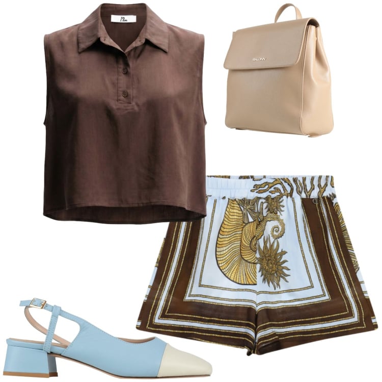 Outfit donna - In vacanza. Stile Casual per Tutti i giorni. Abbinamento con zaini, décolleté, shorts, top.