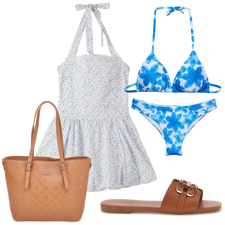 Outfit donna - Total look #2448226. Stile Romantica per Mare. Abbinamento con bikini, vestiti corti, bikini, ciabatte, borse a tracolla.