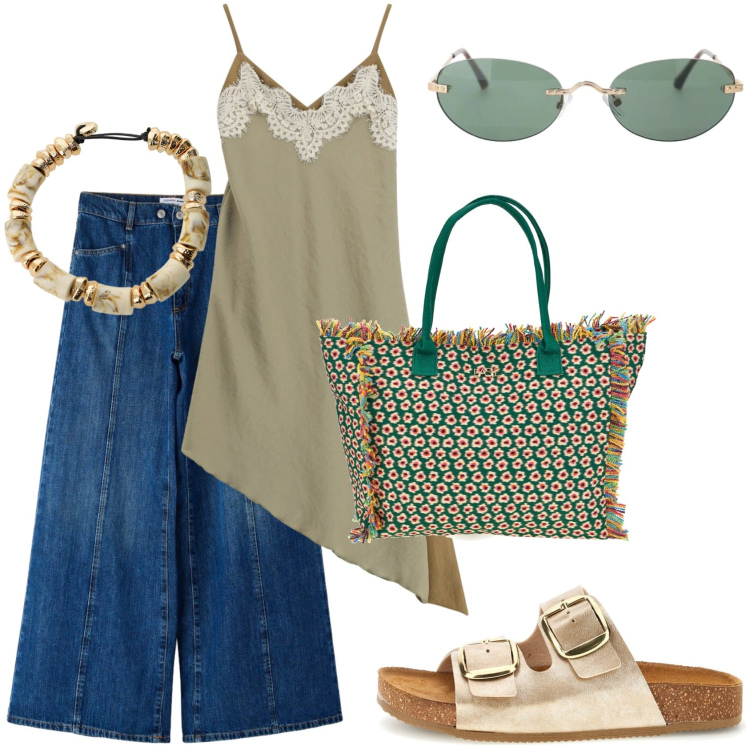 Outfit donna - Glamour. Stile Glamour per Tutti i giorni. Abbinamento con jeans, vestiti asimmetrici, occhiali da sole, braccialetti, ciabatte, shopping bag.