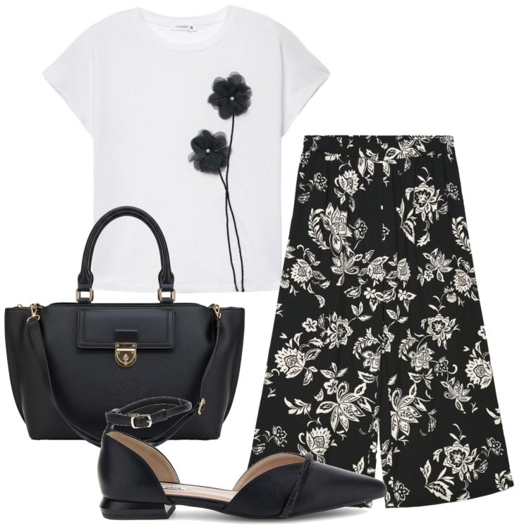 Outfit donna - Total look #2448249. Stile Casual chic per Ufficio. Abbinamento con t-shirt, pantaloni a palazzo, sandali, borse a tracolla.