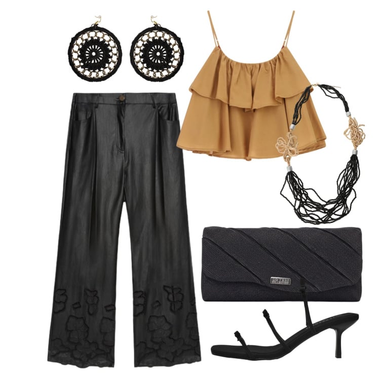 Outfit donna - Agosto. Stile Trendy per Serata fuori. Abbinamento con sandali col tacco, top, orecchini, collane, pantaloni, pochette.