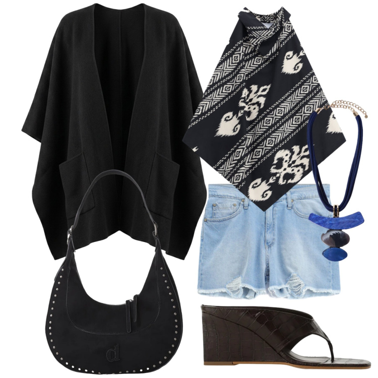 Outfit donna - Agosto. Stile Boho per Tutti i giorni. Abbinamento con shorts, top, borse a spalla, sandali col tacco, cappe, ciondoli.