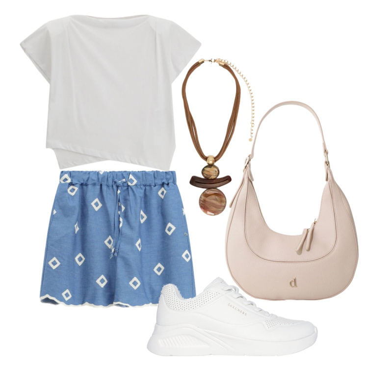 Outfit donna - Agosto. Stile Basic per Tutti i giorni. Abbinamento con shorts, t-shirt, borse a tracolla, ciondoli, sneakers.