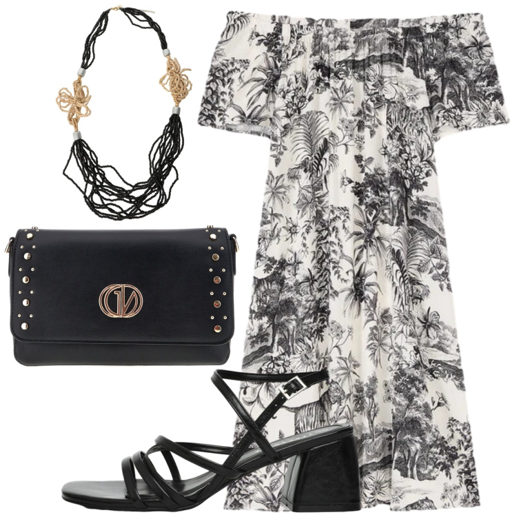 Outfit donna - L\'Eleganza Tropicale. Stile Chic per Serata fuori. Abbinamento con sandali col tacco, collane, cerchietti, vestiti corti, borse a tracolla.