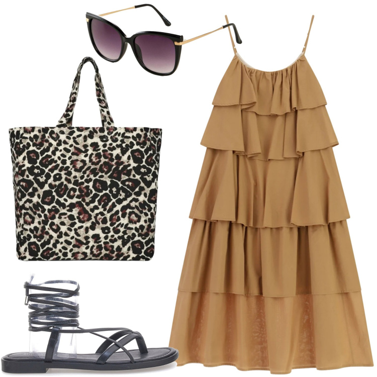 Outfit donna - Agosto. Stile Casual chic per Tutti i giorni. Abbinamento con occhiali da sole, shopping bag, vestiti lunghi, sandali.